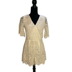 Blue Rain brand romper, size medium, ivory lace overlay.